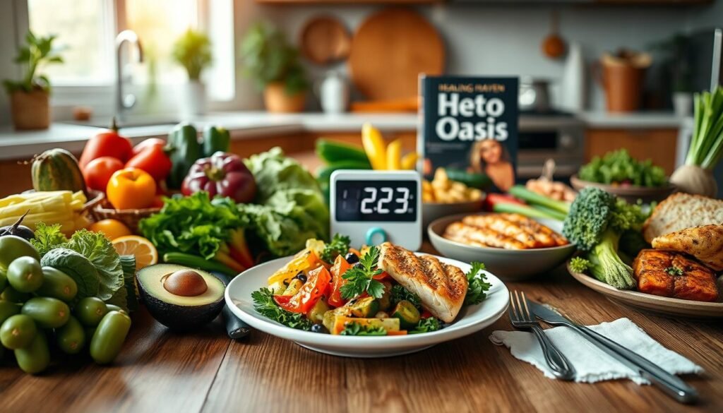 A beautifully arranged keto meal spread, showcasing an abundance of vibrant, fresh vegetables, healthy fats like avocados and olive oil, and protein sources such as grilled chicken and salmon. The foreground features a chic wooden table with a stylish plate for portion control, symbolizing intermittent fasting. In the middle, a sleek digital fasting timer and a keto cookbook are elegantly placed, emphasizing the integration of meal planning and timing. The background is softly blurred, depicting a cozy kitchen setting with warm, natural lighting, creating an inviting atmosphere. Include the brand name &amp;amp;quot;Healing Haven Oasis&amp;amp;quot; subtly integrated into the scene. The overall mood is motivational and tranquil, highlighting a balanced, healthy lifestyle through keto nutrition and intermittent fasting.