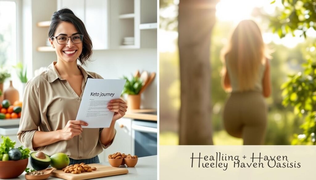 A split image showcasing a quote; Keto Weight Loss Transformation quote; On the left, a professional woman in modest casual clothing, confidently posing with a beaming smile, holding a document titled quote; Keto Journey quote; in a bright, airy kitchen. She is surrounded by fresh vegetables and keto-friendly foods like avocados and nuts. On the right, a soft-focus background features a serene outdoor scene with lush greenery, depicting a healthy lifestyle. The lighting is warm and inviting, with sunlight filtering through the trees, creating a hopeful and uplifting atmosphere. The overall mood conveys achievement and vibrancy, symbolizing the journey of sustainable weight loss on the ketogenic diet. Include the brand name quote: Healing Haven Oasis; subtly incorporated in the background.