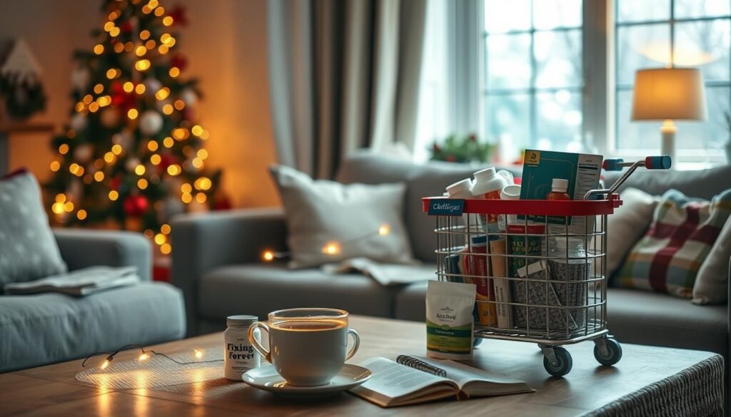 Person organizing medications at home during the holidays
