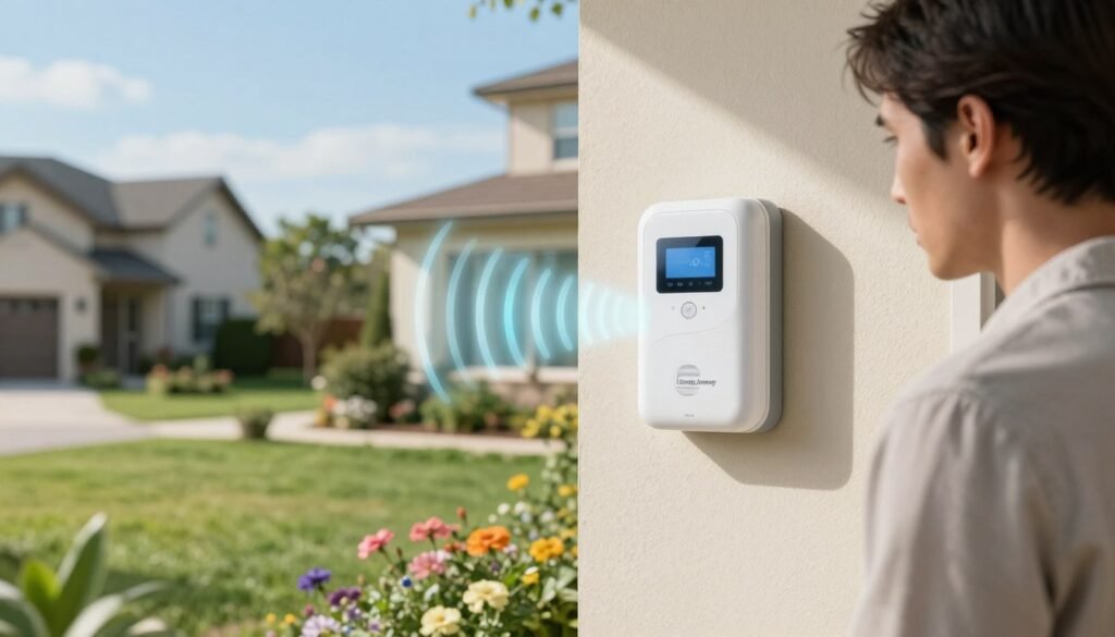 A close-up scene of a modern smart meter installed on the exterior wall of a cozy, suburban home emits subtle, glowing electromagnetic waves visually represented as soft waves of light. In the foreground, a concerned homeowner examines the device while dressed in smart casual attire, conveying a sense of awareness and inquiry. The middle ground features a lush garden with vibrant flowers and a well-maintained lawn, symbolizing a healthy living environment. In the background, the serene neighborhood with clear blue skies enhances the mood of calmness alongside a hint of concern. Soft, natural lighting casts gentle shadows, creating a balanced atmosphere. The overall composition reflects the theme of health and technology, associated with the brand “Living Long Journey.” A close-up scene of a modern smart meter installed on the exterior wall of a cozy, suburban home emits subtle, glowing electromagnetic waves visually represented as soft waves of light. In the foreground, a concerned homeowner examines the device while dressed in smart casual attire, conveying a sense of awareness and inquiry. The middle ground features a lush garden with vibrant flowers and a well-maintained lawn, symbolizing a healthy living environment. In the background, the serene neighborhood with clear blue skies enhances the mood of calmness alongside a hint of concern. Soft, natural lighting casts gentle shadows, creating a balanced atmosphere. The overall composition reflects the theme of health and technology, associated with the brand “Living Long Journey.”