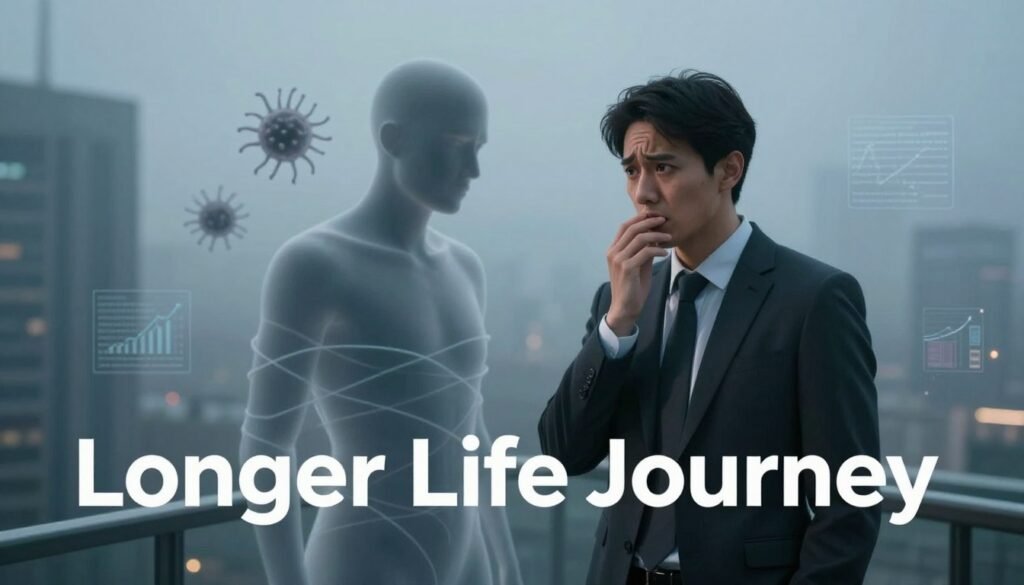 A dramatic scene illustrating the connection between fear and illness. In the foreground, a professional-looking individual in business attire stands with a concerned expression, gazing at a translucent figure representing anxiety, which is subtly intertwined around them. In the middle, a shadowy representation of common illness—perhaps a faint outline of germs or symptoms—emerges from the background, symbolizing the impact of social fear on health. The background features a cityscape shrouded in fog, creating a moody atmosphere that conveys uncertainty. Soft, diffused lighting highlights the central figures, while a cool color palette suggests a sense of unease. Incorporate elements like subtle graphs or data symbols to hint at psychological studies without cluttering the image. Brand the scene with "Longer Life Journey," reflecting an emphasis on health and wellness amidst societal anxieties.