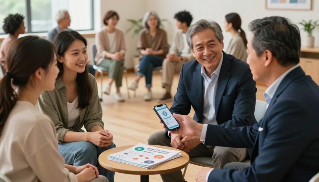 A heartwarming scene depicting a diverse group of individuals coming together to form a supportive network during a health crisis. In the foreground, a middle-aged man in a business suit is offering a reassuring smile to a young woman in modest casual clothing, holding a smartphone showing a health support app. A couple nearby engages in a discussion, indicating collaboration. The middle ground features a small table with pamphlets on mental wellness and social connections, while in the background, a warmly lit community center is filled with people of various ages participating in support activities. Soft, natural lighting creates an inviting atmosphere that emphasizes connection and solidarity. The title "Longer Life Journey" subtly incorporated into the artwork's side, enhancing the theme of resilience through collective support.