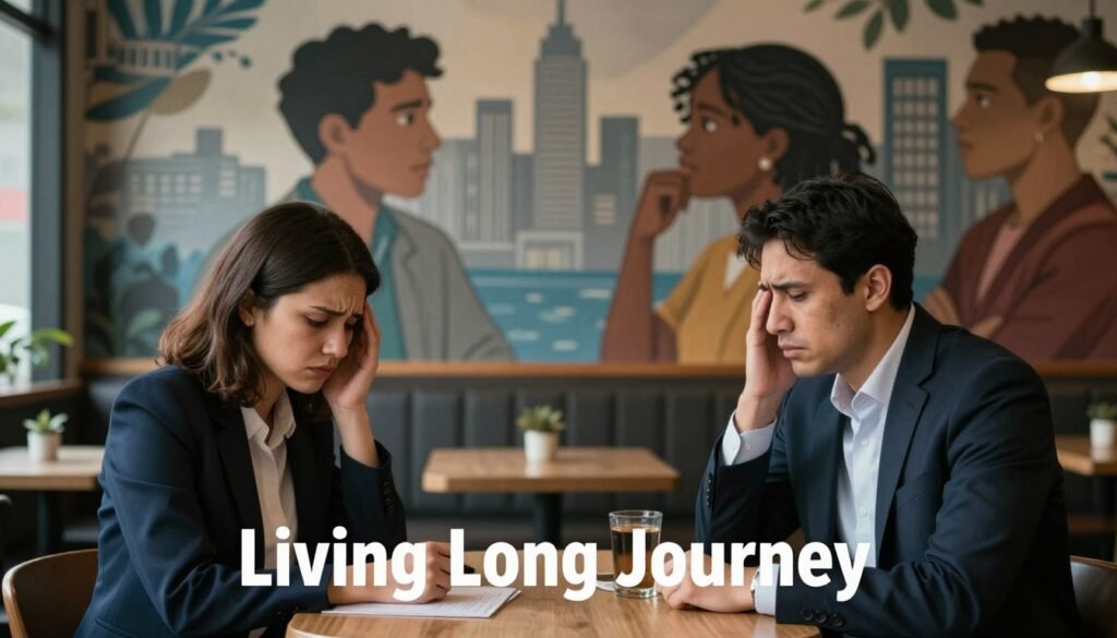 A split scene portraying the effects of political polarization on mental health, illustrating a divided community. In the foreground, two individuals dressed in professional business attire sit at a café table, their expressions tense and anxious, emphasizing psychological strain. In the middle ground, a contrasting mural shows diverse community members talking past each other, their body language and facial expressions reflecting frustration and distress. In the background, a blurred cityscape symbolizes the broader societal impact, with dim lighting casting shadows that suggest a sense of heaviness and uncertainty. The atmosphere conveys a mood of conflict and emotional turmoil, capturing the psychological toll of division. This image represents "Living Long Journey" and aims to evoke reflection on community health in the face of unrest.