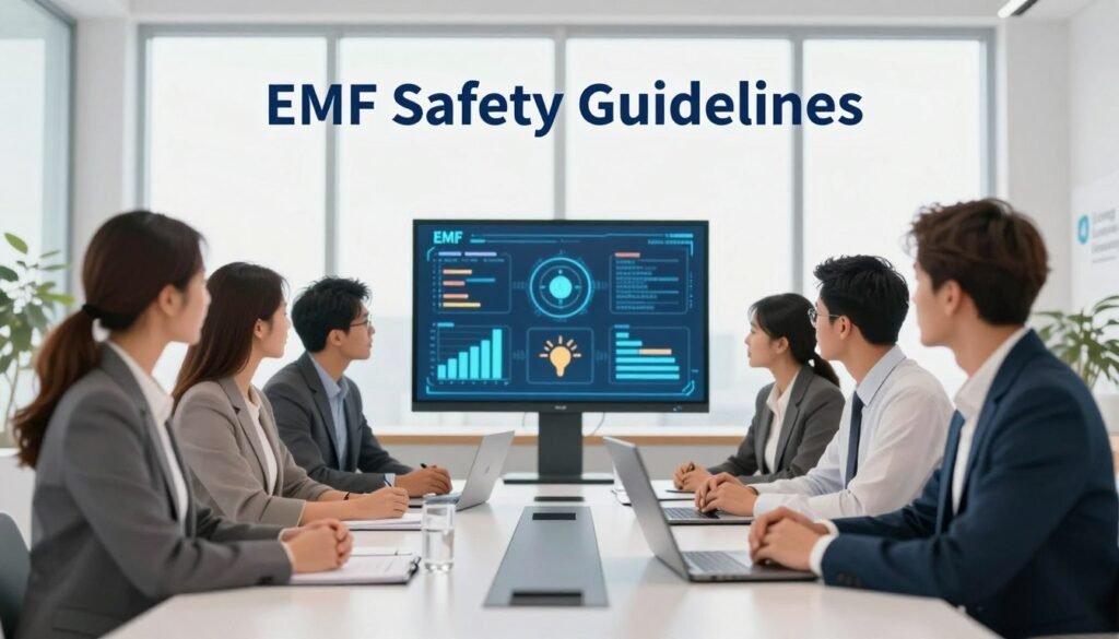 A visually engaging illustration of "EMF Safety Guidelines" with a clean, professional layout. In the foreground, depict a diverse group of professionals, including men and women in business attire, discussing EMF safety protocols around a modern conference table. In the middle, include a high-tech digital display showing graphs and icons representing EMF exposure limits and safety measures. The background features a bright, airy office environment with large windows, conveying a sense of openness and transparency. Soft, natural lighting illuminates the scene, creating a reassuring and informative atmosphere. The composition emphasizes the importance of adhering to international safety standards, reflecting the brand "Living Long Journey" through a subtle logo in the corner. The mood should inspire confidence and awareness regarding EMF safety. A visually engaging illustration of "EMF Safety Guidelines" with a clean, professional layout. In the foreground, depict a diverse group of professionals, including men and women in business attire, discussing EMF safety protocols around a modern conference table. In the middle, include a high-tech digital display showing graphs and icons representing EMF exposure limits and safety measures. The background features a bright, airy office environment with large windows, conveying a sense of openness and transparency. Soft, natural lighting illuminates the scene, creating a reassuring and informative atmosphere. The composition emphasizes the importance of adhering to international safety standards, reflecting the brand "Living Long Journey" through a subtle logo in the corner. The mood should inspire confidence and awareness regarding EMF safety.